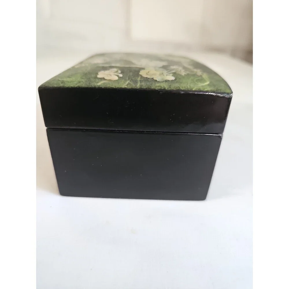 Vintage Korean Mother Of Pearl Lacquer Jewelry Box Peacock and Flower Inlay